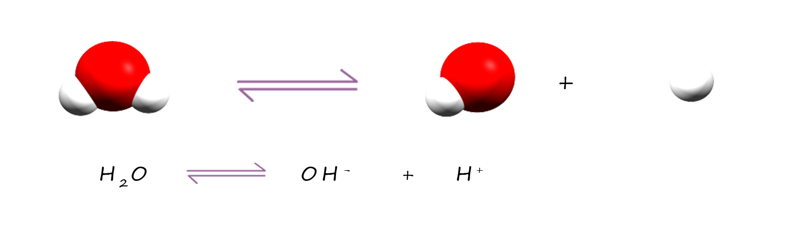 Equations for the autoionisation of water molecules.